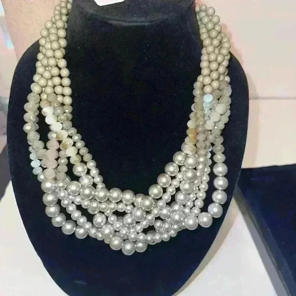 BEADED NECKLACE -RUSH BY DENIS CHARLES SILVER WOVEN BEADED BIB (302)